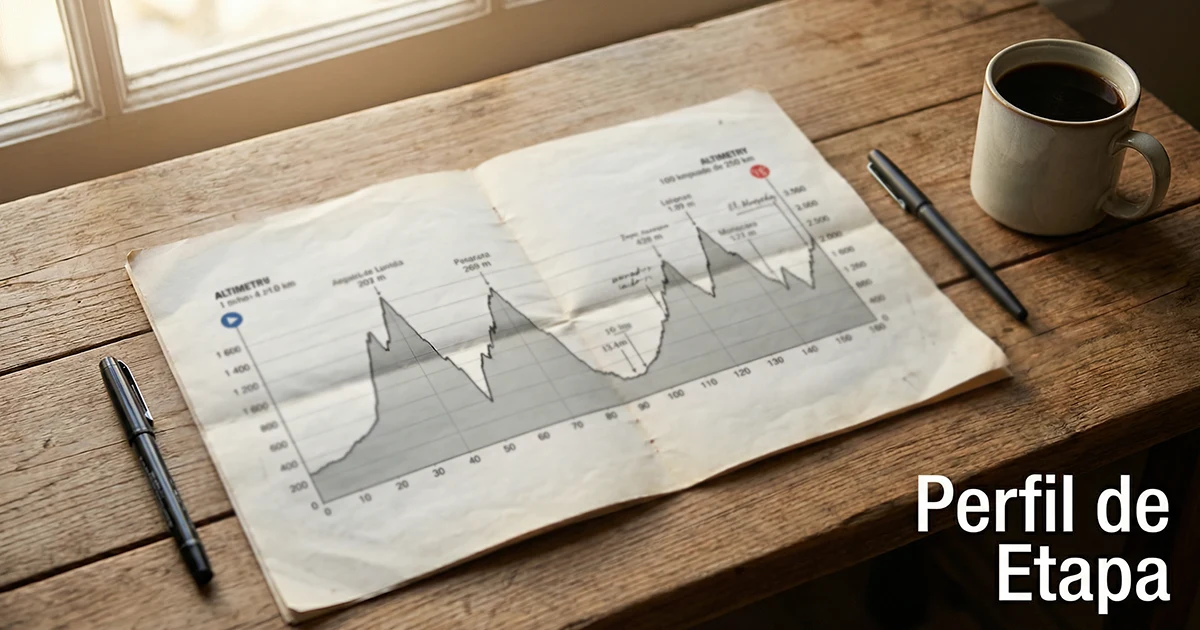 Perfil de altimetría de una etapa de montaña ciclista mostrando puertos y desniveles en un mapa