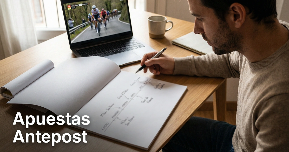 Persona planificando apuestas de ciclismo a largo plazo con un bloc de notas y un timeline de temporada