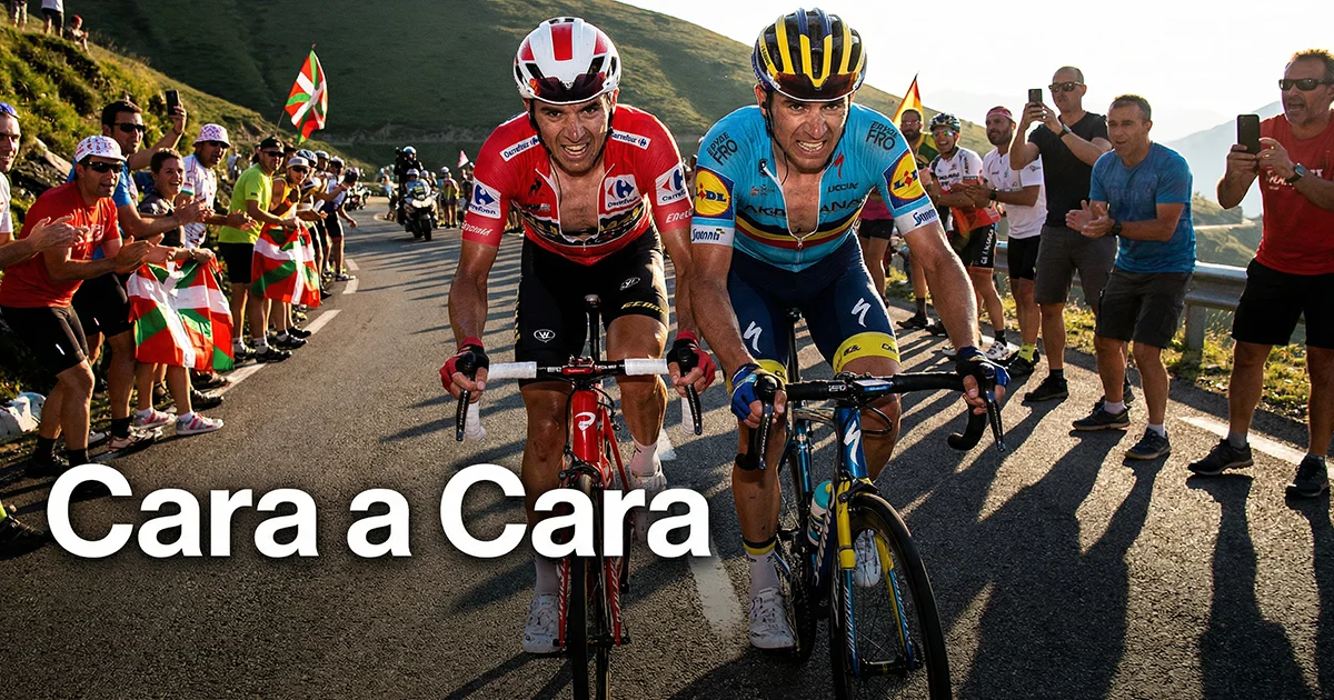 Dos ciclistas profesionales rodando codo con codo en un puerto de montaña durante un duelo directo en gran vuelta