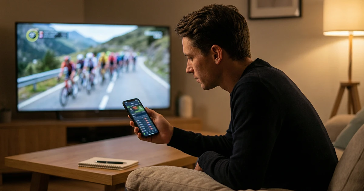 Aficionado siguiendo una etapa ciclista en directo en pantalla con teléfono en la mano