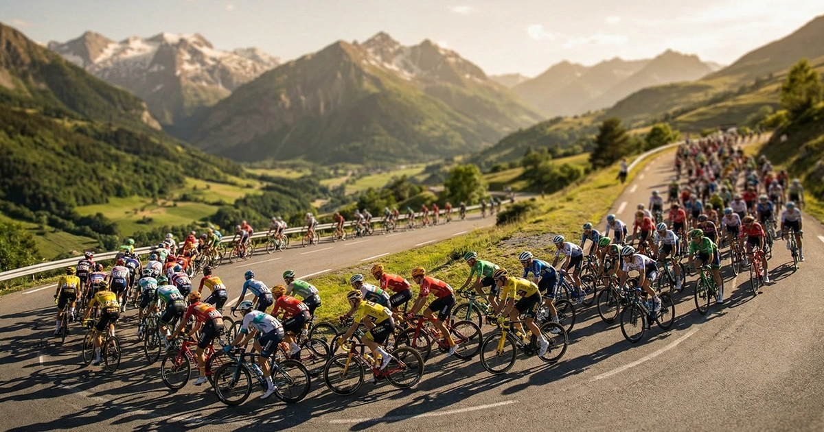 Pelotón de ciclistas profesionales en carretera de montaña durante una etapa en vivo