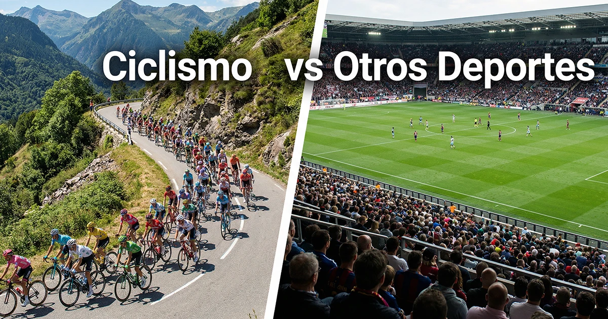Escena dividida mostrando un pelotón ciclista a un lado y un estadio de fútbol al otro para comparar deportes