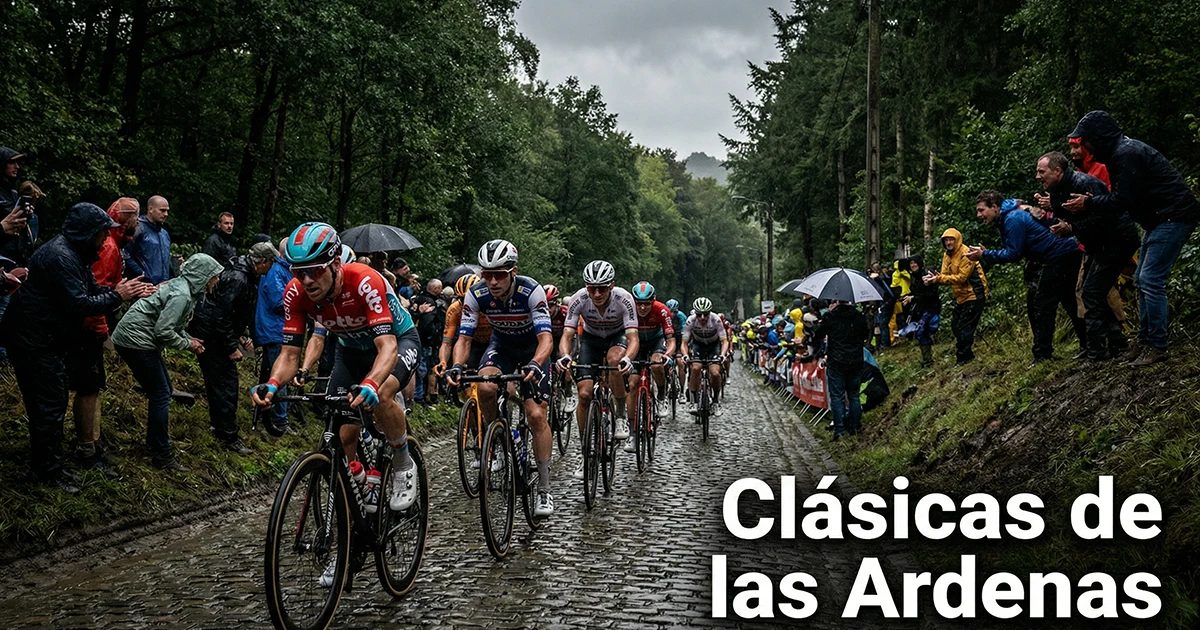 Ciclistas ascendiendo un empinado muro en las Ardenas belgas durante una clásica de primavera