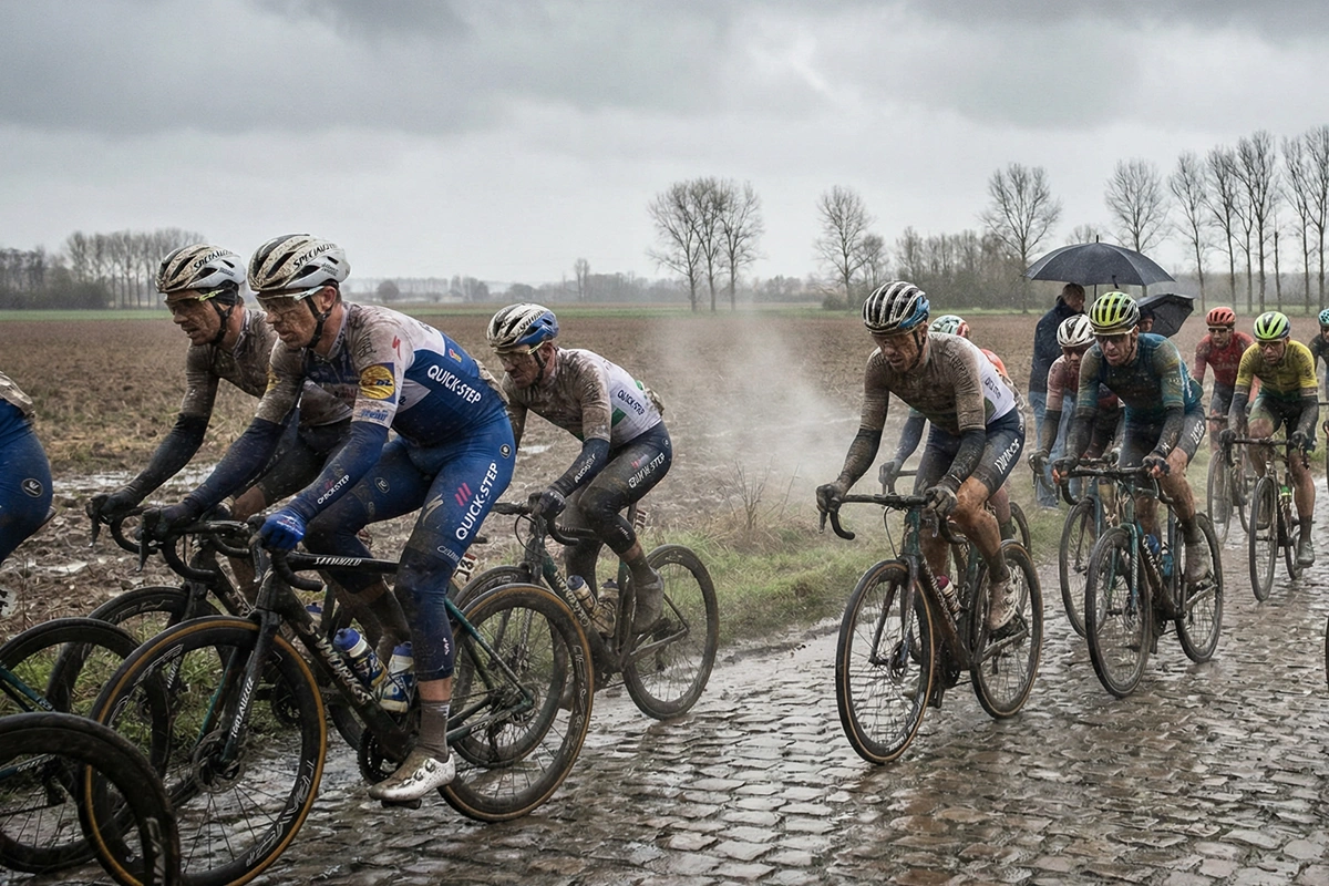 Ciclistas rodando sobre adoquines de pavés en una clásica de ciclismo