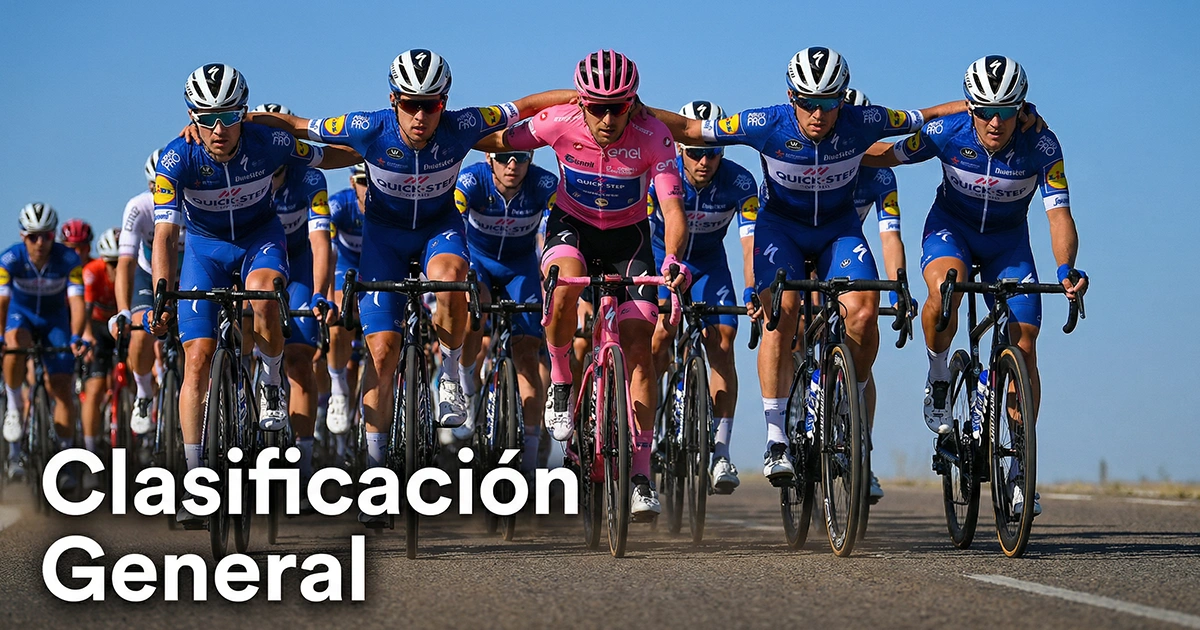 Ciclista con maillot de líder rodando protegido por su equipo en el pelotón durante una gran vuelta