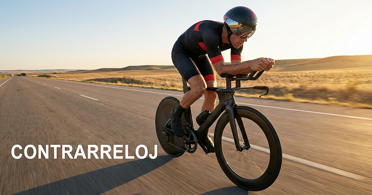Ciclista en posición aerodinámica sobre bicicleta de contrarreloj rodando en solitario por una carretera abierta