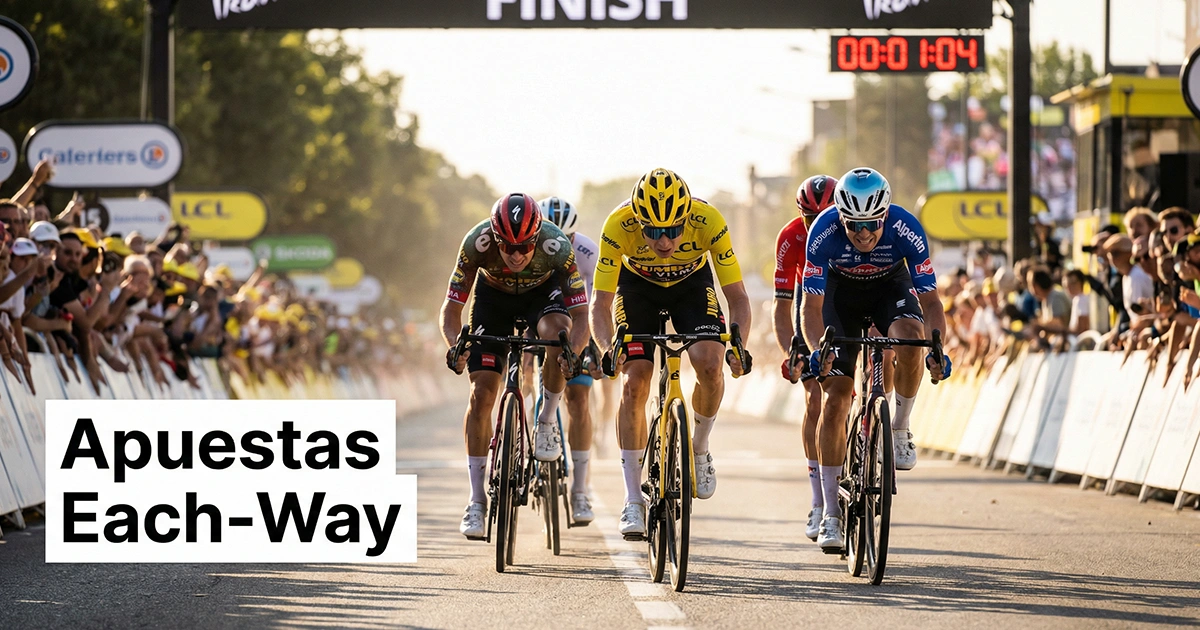 Grupo de ciclistas disputando las primeras posiciones en un final de etapa con varios corredores en el podio