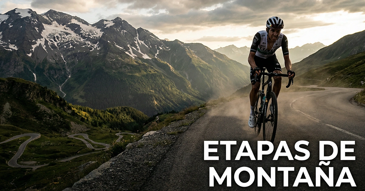 Escalador ciclista atacando en solitario en un puerto de alta montaña con paisaje alpino de fondo