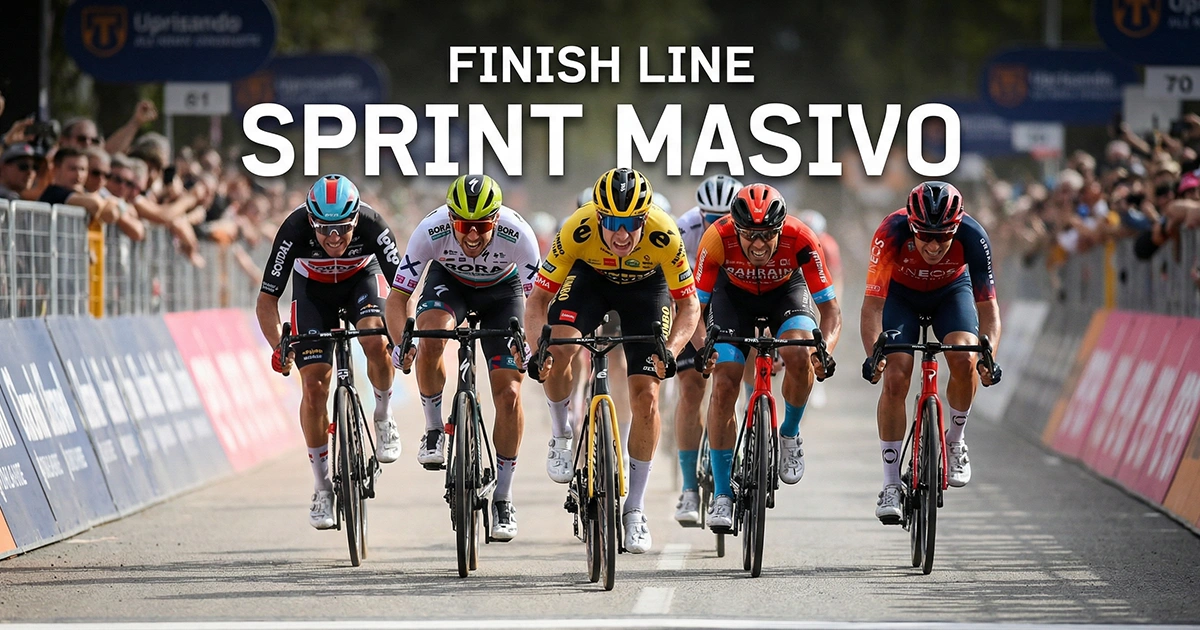 Sprint masivo de ciclistas velocistas disputando la victoria en el final de una etapa llana