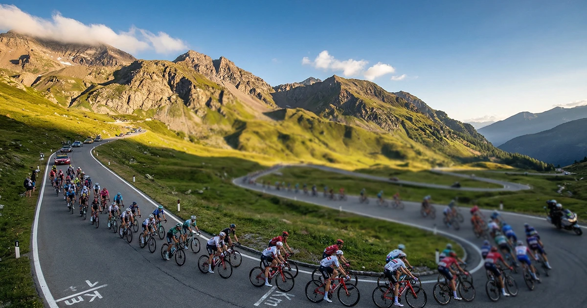 Pelotón ciclista ascendiendo un puerto de montaña en una gran vuelta