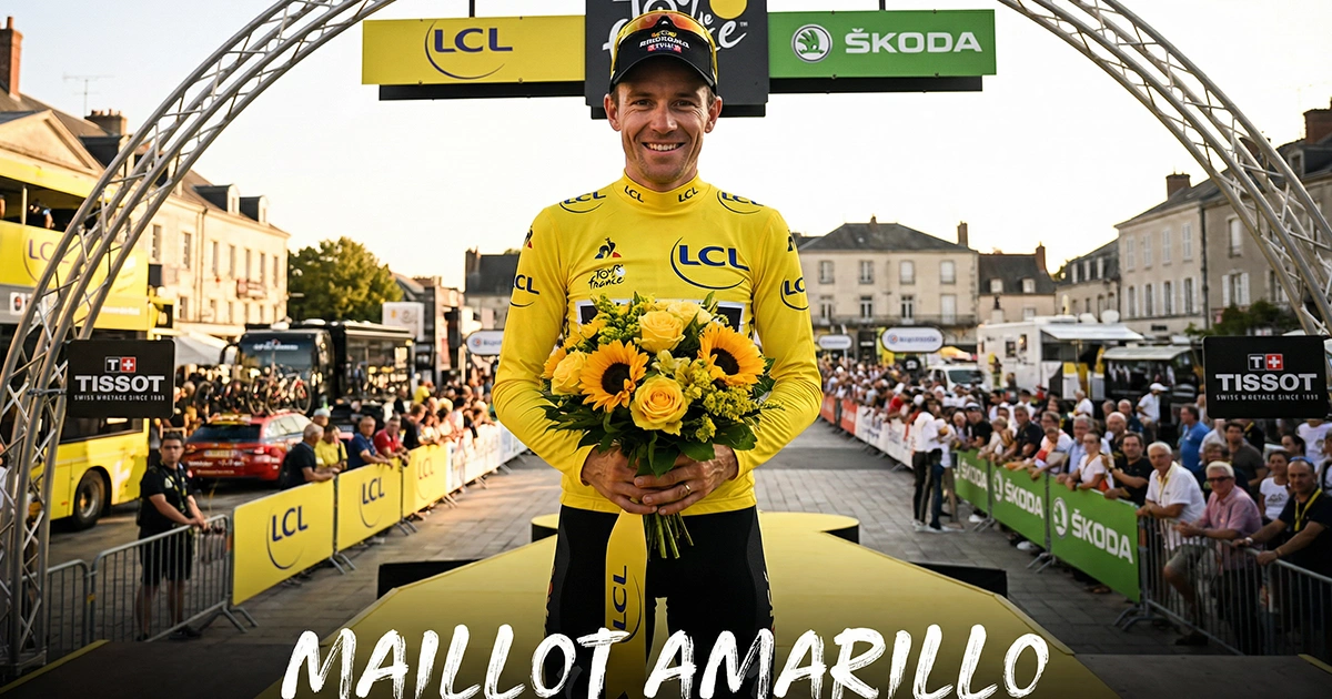 Ciclista vistiendo el icónico maillot amarillo de líder del Tour de Francia en el podio de una etapa