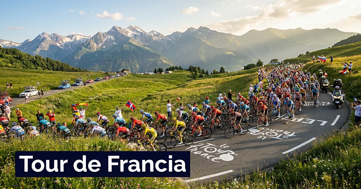 Pelotón del Tour de Francia rodando por una carretera de montaña francesa durante una etapa alpina