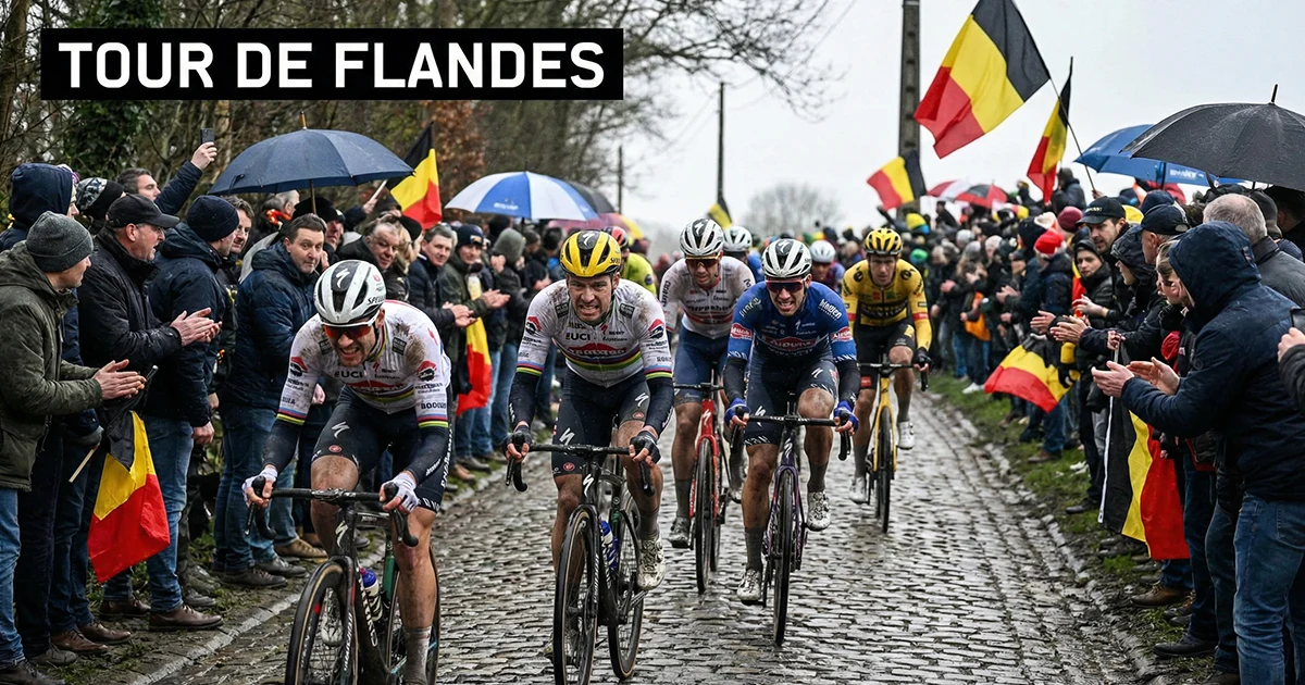 Ciclistas subiendo el empinado muro del Koppenberg durante el Tour de Flandes con público a ambos lados