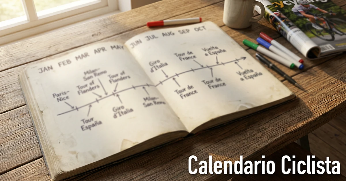 Bloc de notas con un timeline de la temporada ciclista UCI World Tour marcando las carreras principales del año