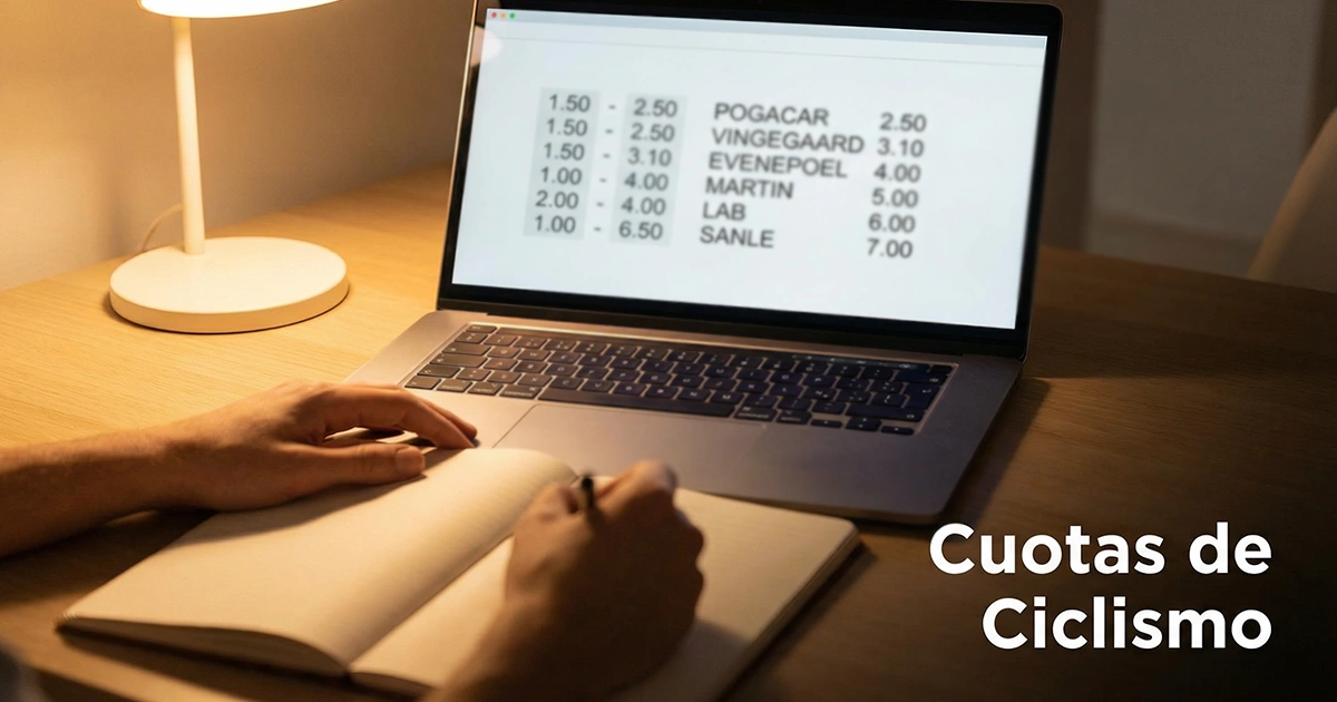 Persona estudiando cuotas de apuestas de ciclismo en una pantalla de ordenador portátil