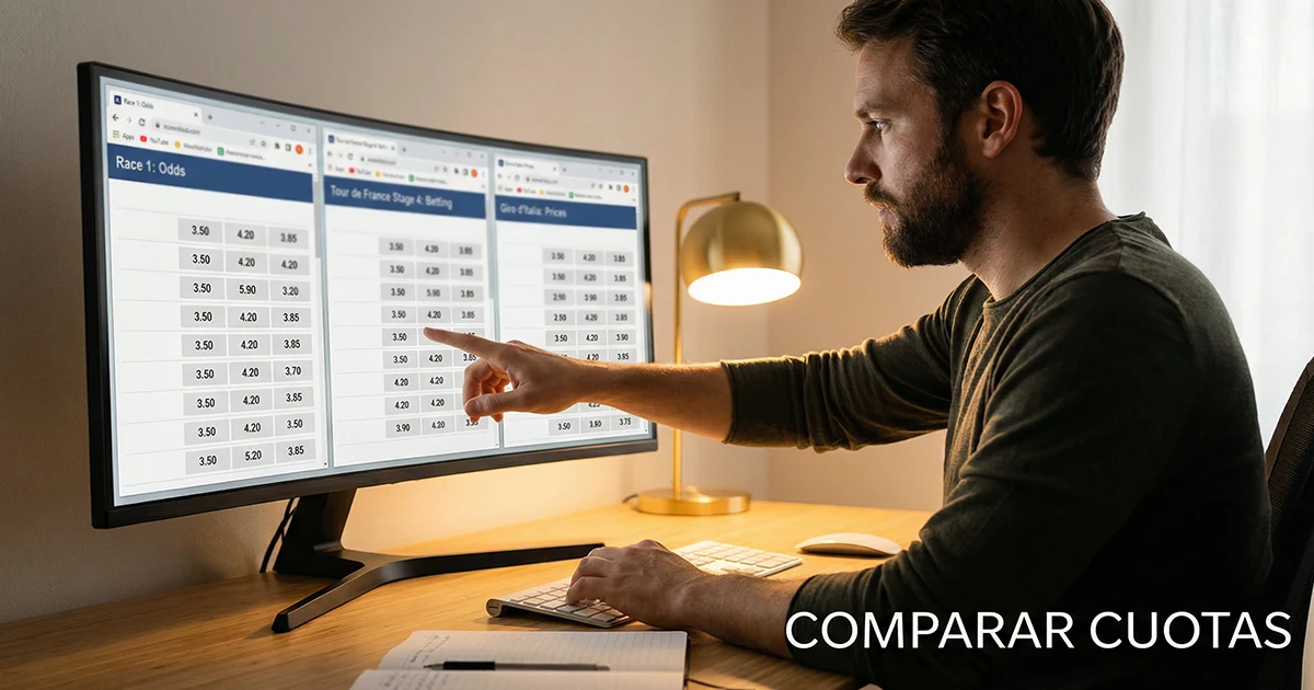 Persona comparando cuotas de ciclismo en varias ventanas abiertas en la pantalla de su ordenador