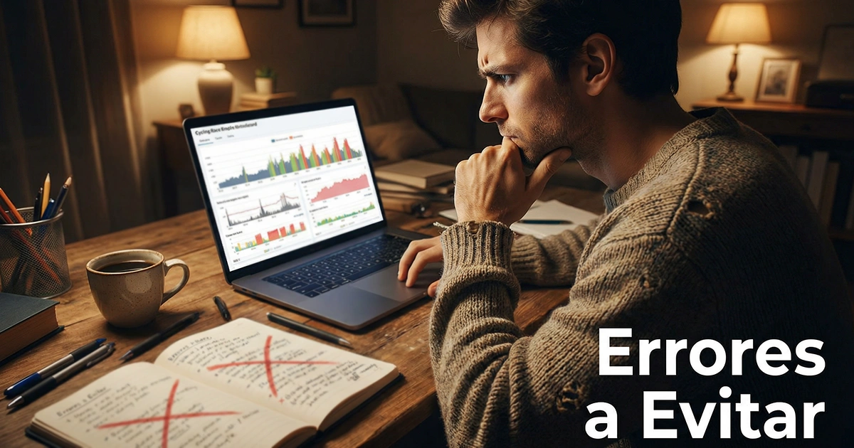 Persona concentrada analizando estadísticas de ciclismo en un ordenador con un cuaderno de notas abierto