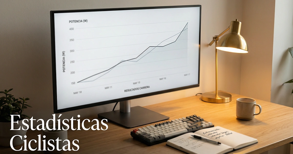 Pantalla de ordenador mostrando gráficos de rendimiento ciclista con datos de potencia y estadísticas