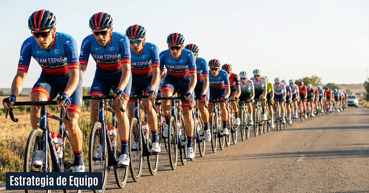 Equipo ciclista rodando en formación compacta en línea controlando el ritmo del pelotón durante una etapa