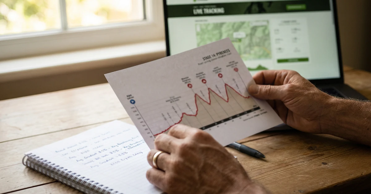 Persona analizando un perfil de etapa ciclista con datos y notas sobre una mesa