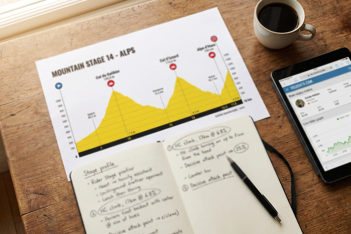 Ciclista analizando el perfil de una etapa de montaña antes de una carrera