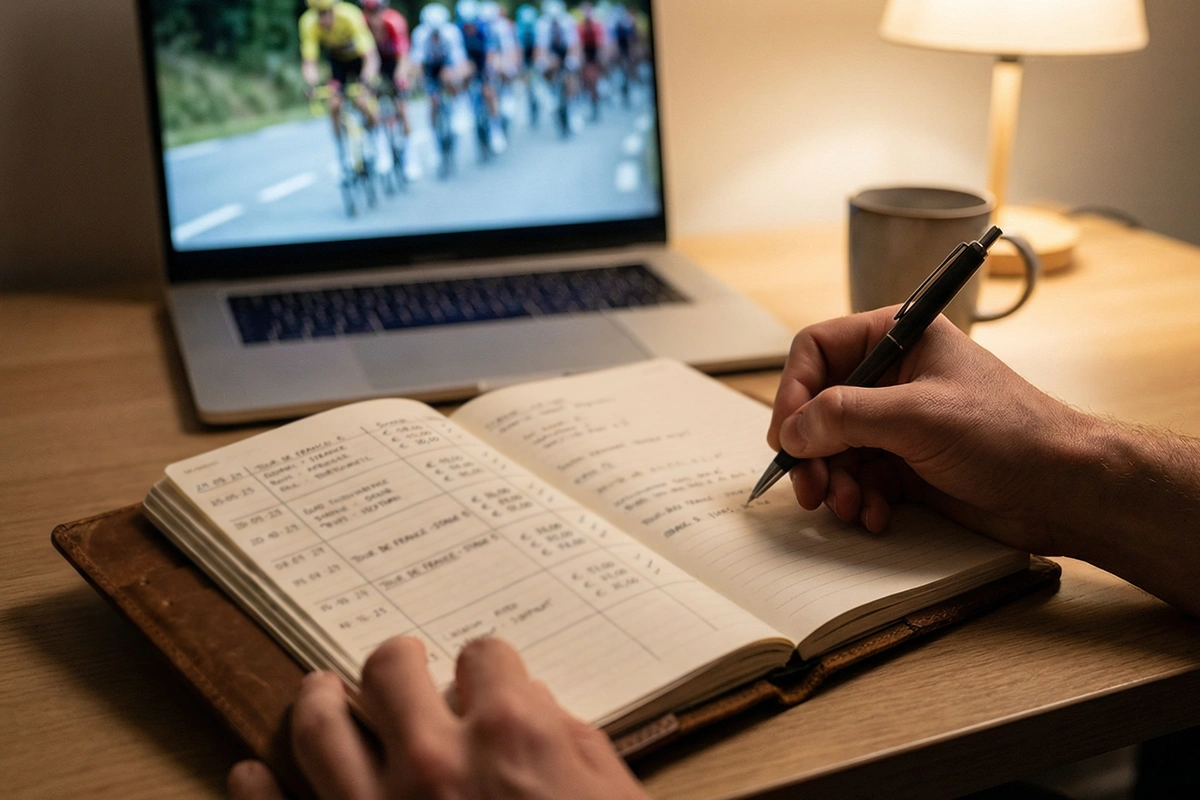 Persona llevando un registro detallado de apuestas de ciclismo en un cuaderno