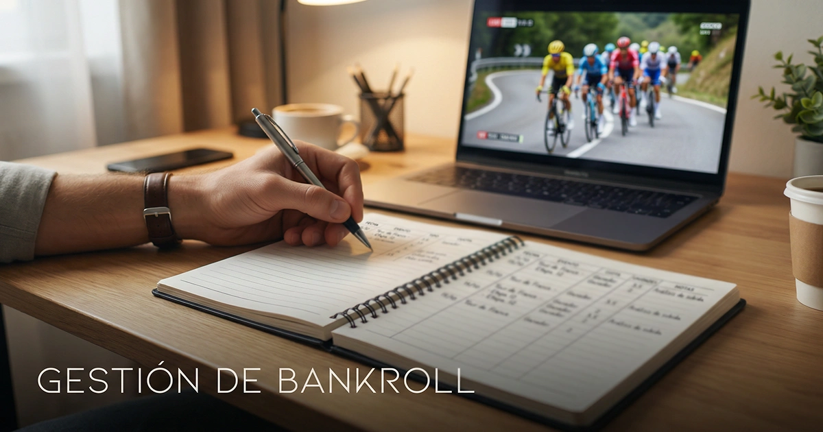 Persona anotando un registro de apuestas de ciclismo en un cuaderno junto a una pantalla con datos deportivos