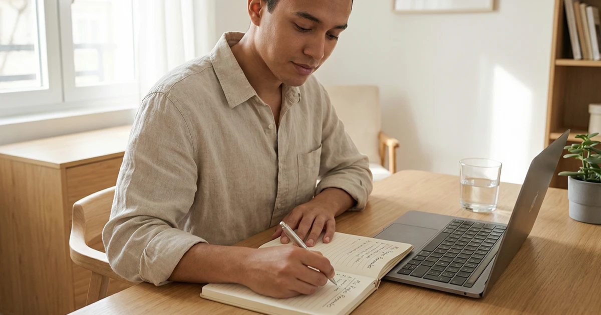 Persona estableciendo límites de apuesta de forma responsable con un bloc de notas y normas escritas