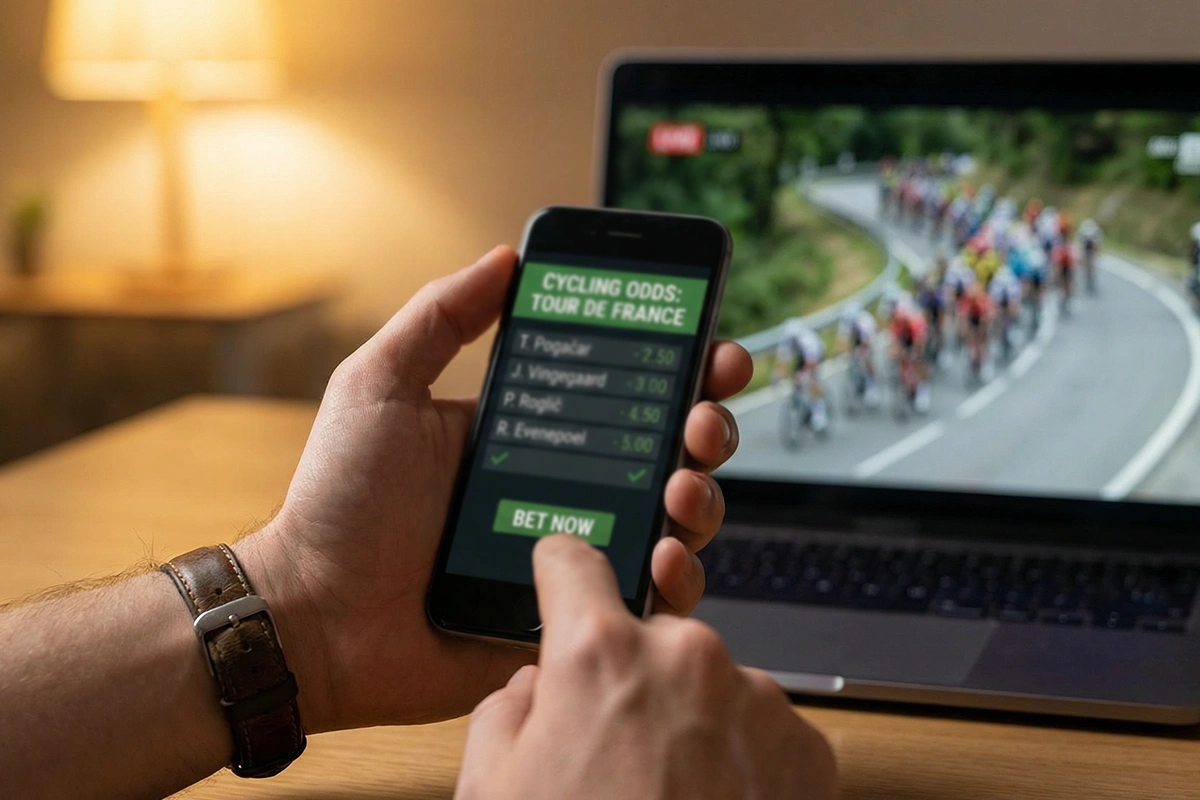 Pantalla con cuotas de apuestas de ciclismo en directo mostrando mercados en vivo