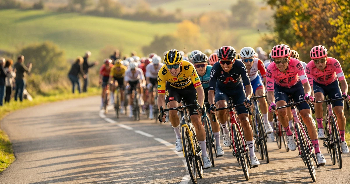 Ciclista profesional en pelotón durante una etapa de carrera con cuotas de apuestas